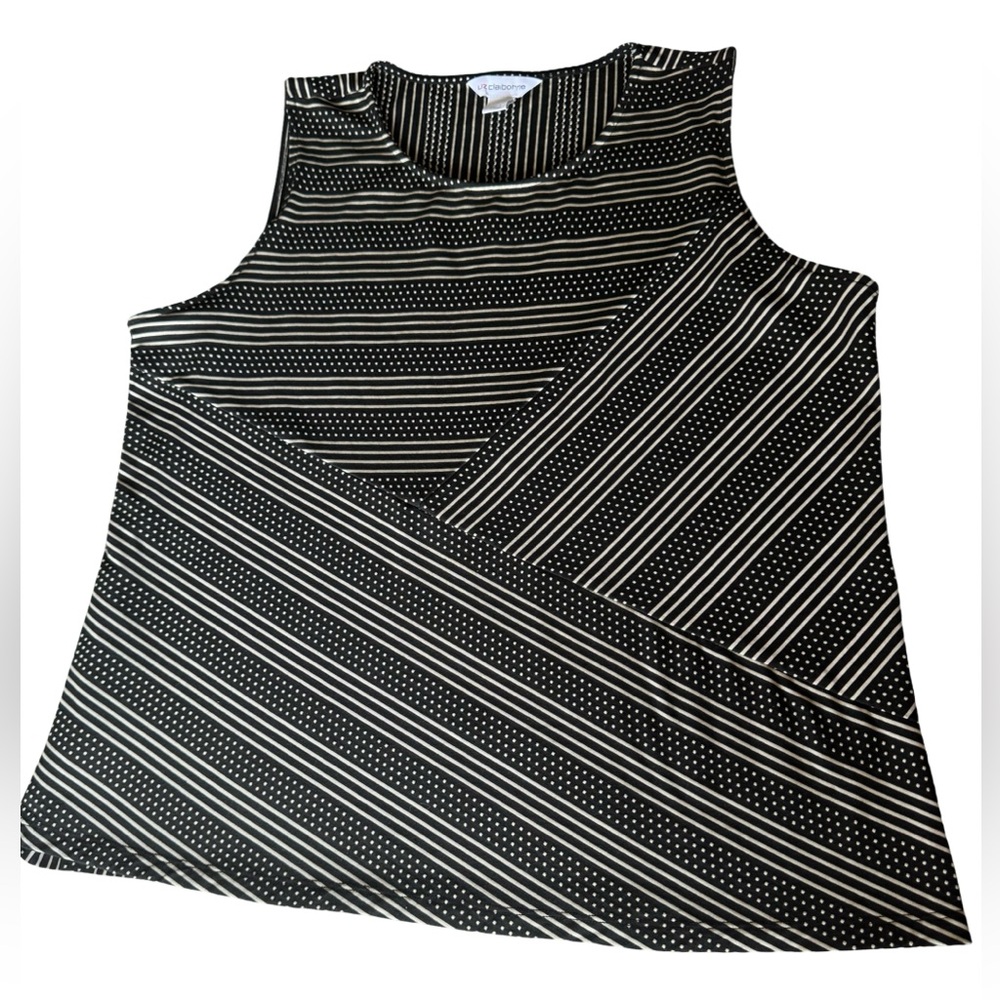 Liz Claiborne Sleeveless Top Women’s Size XXL Black & Beige Stripe Polka Dot EUC